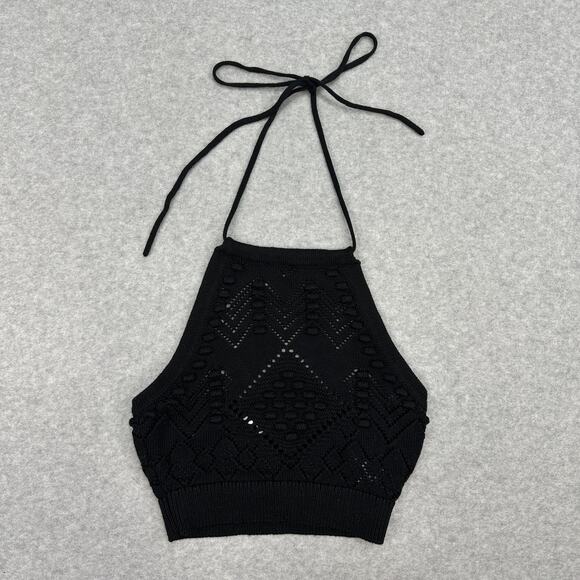 Hunter & Brown Halter Crop Top S Black Crochet Knit Backless Adjustable Tie-Back - Picture 2 of 11